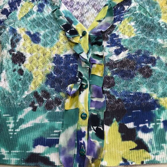 St John womens M abstract floral button up open knit cardigan ruffles cotton - Picture 8 of 12